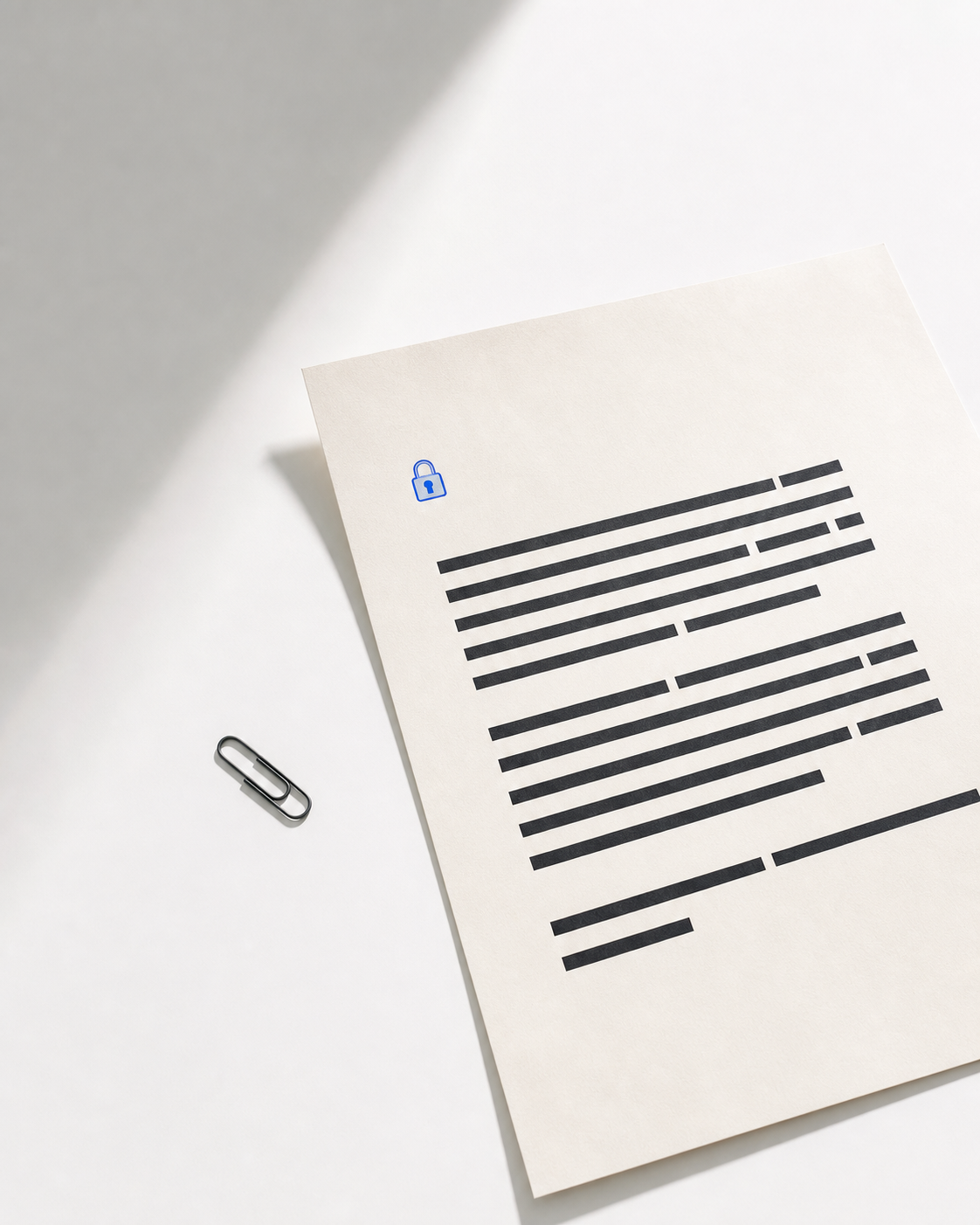 A paper document with a blue lock mark on a white desk
